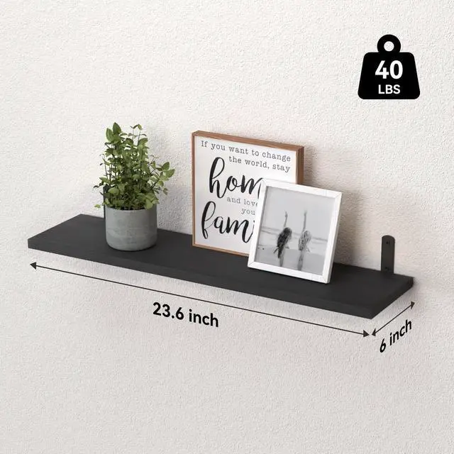 Alt view image 3 of 6 - WOPITUES Wood Floating Shelves Set of 6, 24 inch Long Floating Shelves for Wall Decor, Farmhouse Shelf for Bedroom, Bathroom Storage Shelves, Book Shelves for Living Room - Black