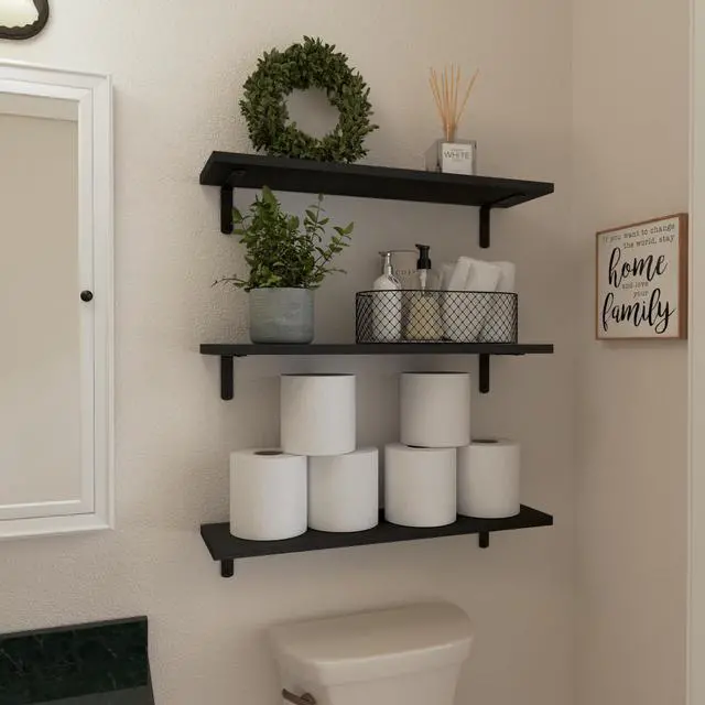 Alt view image 4 of 6 - WOPITUES Wood Floating Shelves Set of 6, 24 inch Long Floating Shelves for Wall Decor, Farmhouse Shelf for Bedroom, Bathroom Storage Shelves, Book Shelves for Living Room - Black