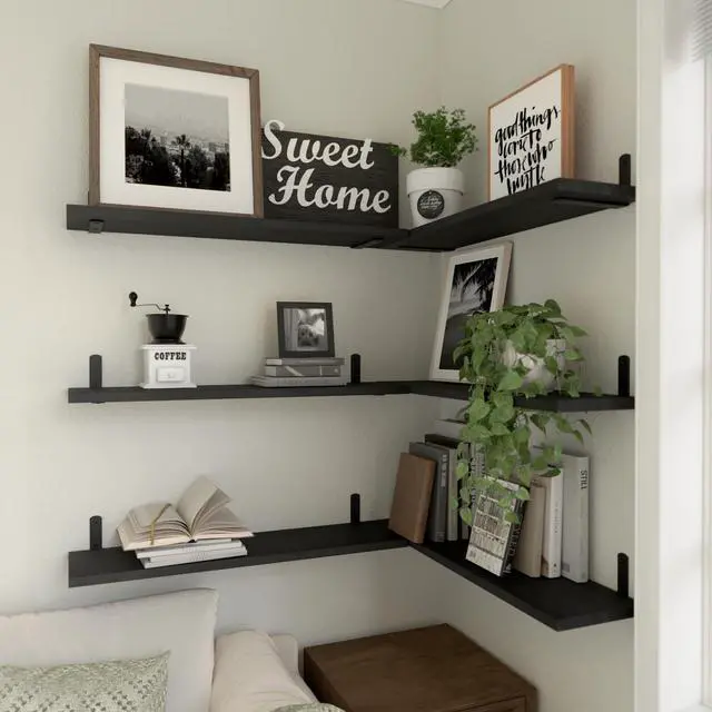 Alt view image 5 of 6 - WOPITUES Wood Floating Shelves Set of 6, 24 inch Long Floating Shelves for Wall Decor, Farmhouse Shelf for Bedroom, Bathroom Storage Shelves, Book Shelves for Living Room - Black