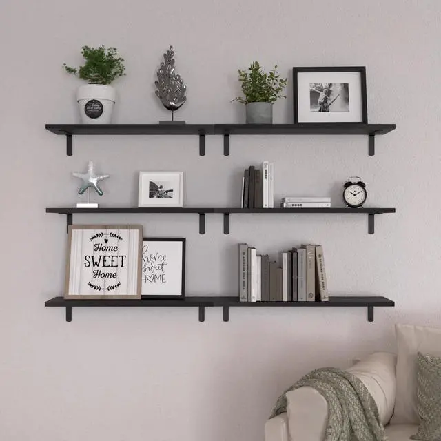 Alt view image 6 of 6 - WOPITUES Wood Floating Shelves Set of 6, 24 inch Long Floating Shelves for Wall Decor, Farmhouse Shelf for Bedroom, Bathroom Storage Shelves, Book Shelves for Living Room - Black