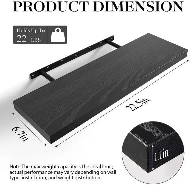 Alt view image 4 of 7 - BAYKA Floating Shelves for Wall, 22.5 inches Wall Mounted Rustic Wood Shelves for Bathroom, Bedroom, Living Room, Floating Shelves for Books/Storage/Decor (Black,Set of 3)