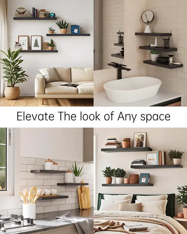 Alt view image 7 of 7 - BAYKA Floating Shelves for Wall, 22.5 inches Wall Mounted Rustic Wood Shelves for Bathroom, Bedroom, Living Room, Floating Shelves for Books/Storage/Decor (Black,Set of 3)