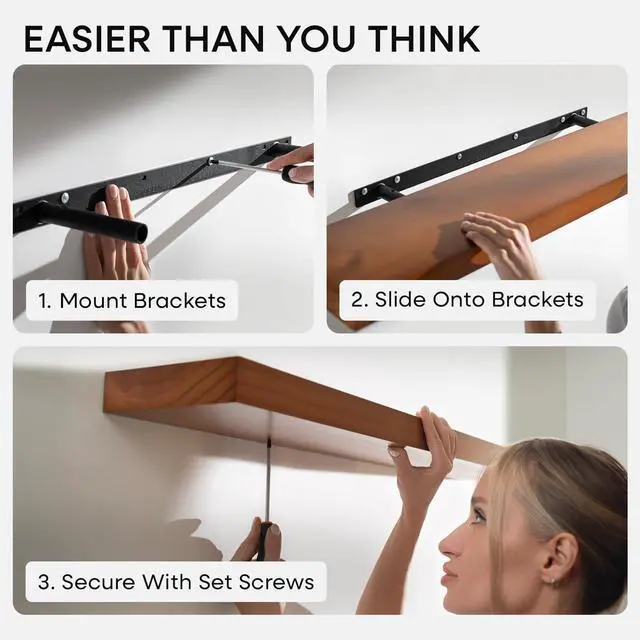 Alt view image 6 of 7 - Homeforia 24inch Oak Floating Shelf for Wall, High End Solid Real Wood 24 inches Long Floating Shelves for Bathroom, Honey Oak Wooden Floating Shelves, Heavy Duty Bracket, 24 X 6.5 X 1.75 in, Set of 2