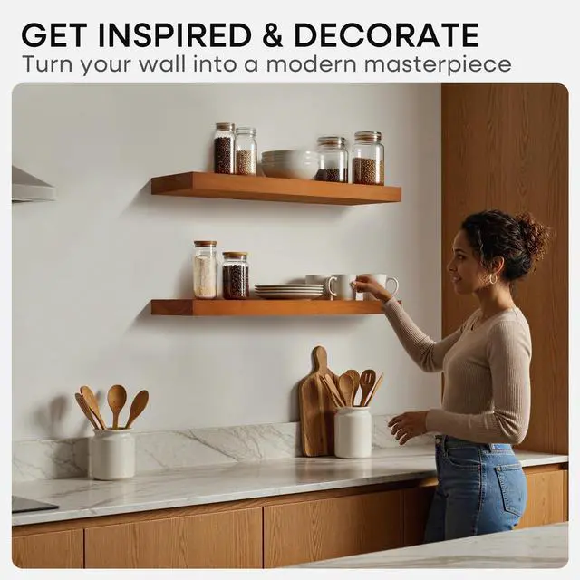 Alt view image 7 of 7 - Homeforia 24inch Oak Floating Shelf for Wall, High End Solid Real Wood 24 inches Long Floating Shelves for Bathroom, Honey Oak Wooden Floating Shelves, Heavy Duty Bracket, 24 X 6.5 X 1.75 in, Set of 2