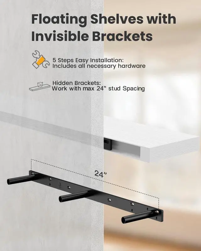 Alt view image 6 of 7 - AMADA HOMEFURNISHING 35.4" L Floating Shelves, Wall Shelves Set of 3 for Bathroom/Living Room/Bedroom/Kitchen, White Floating Shelves for Wall Decor with Invisible Brackets - AMFS45W