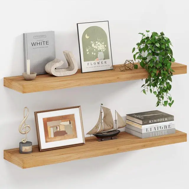 Main image of Floating Shelves, Deep USA-Sourced Rustic Elm Wood Wall Shelves for Storage, 8 Inch Deep Wall Mounted Display Shelving with Invisible Heavy-Duty Metal Bracket (Natural, 36" W x 8" D, Set of 2)