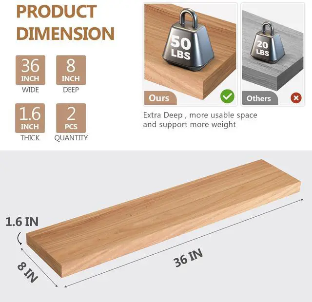 Alt view image 3 of 6 - Floating Shelves, Deep USA-Sourced Rustic Elm Wood Wall Shelves for Storage, 8 Inch Deep Wall Mounted Display Shelving with Invisible Heavy-Duty Metal Bracket (Natural, 36" W x 8" D, Set of 2)