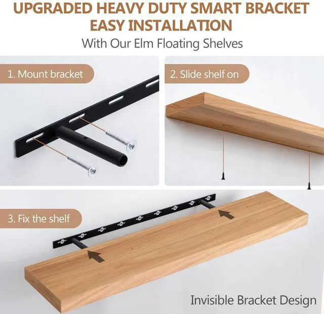 Alt view image 4 of 6 - Floating Shelves, Deep USA-Sourced Rustic Elm Wood Wall Shelves for Storage, 8 Inch Deep Wall Mounted Display Shelving with Invisible Heavy-Duty Metal Bracket (Natural, 36" W x 8" D, Set of 2)