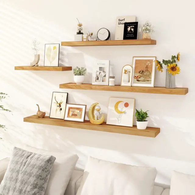 Alt view image 2 of 6 - Floating Shelves, Deep USA-Sourced Rustic Elm Wood Wall Shelves for Storage, 8 Inch Deep Wall Mounted Display Shelving with Invisible Heavy-Duty Metal Bracket (Natural, 36" W x 8" D, Set of 2)