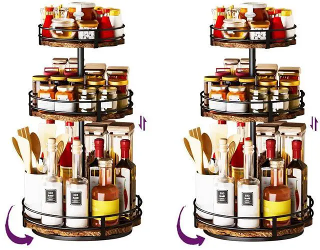Main image of Heavy-Duty 3-Tier Lazy Susan Organizer, Adjustable to Different Heights, Countertop Spice Rack, Upgraded Thickened Wooden Board, Suitable for Seasoning Organizer, Kitchen Organization2 Pack