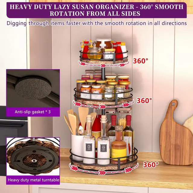Alt view image 2 of 7 - Heavy-Duty 3-Tier Lazy Susan Organizer, Adjustable to Different Heights, Countertop Spice Rack, Upgraded Thickened Wooden Board, Suitable for Seasoning Organizer, Kitchen Organization2 Pack
