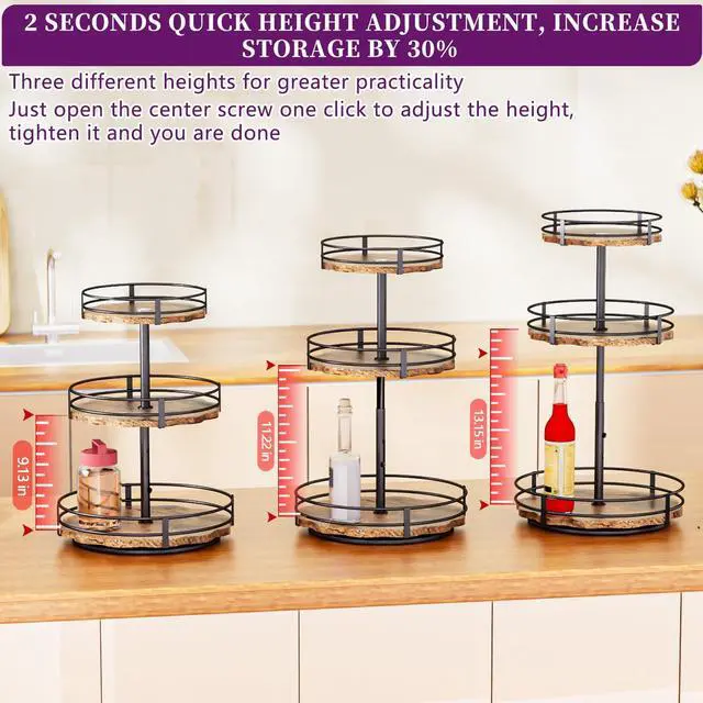 Alt view image 3 of 7 - Heavy-Duty 3-Tier Lazy Susan Organizer, Adjustable to Different Heights, Countertop Spice Rack, Upgraded Thickened Wooden Board, Suitable for Seasoning Organizer, Kitchen Organization2 Pack