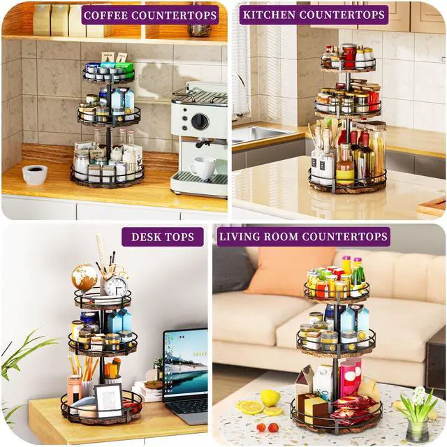 Alt view image 7 of 7 - Heavy-Duty 3-Tier Lazy Susan Organizer, Adjustable to Different Heights, Countertop Spice Rack, Upgraded Thickened Wooden Board, Suitable for Seasoning Organizer, Kitchen Organization2 Pack