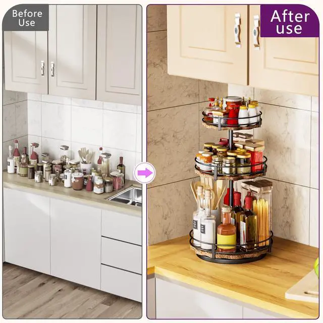 Alt view image 6 of 7 - Heavy-Duty 3-Tier Lazy Susan Organizer, Adjustable to Different Heights, Countertop Spice Rack, Upgraded Thickened Wooden Board, Suitable for Seasoning Organizer, Kitchen Organization2 Pack