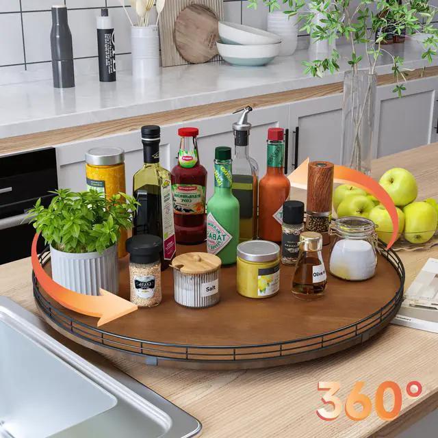 Alt view image 2 of 6 - Farmhouse Oak 24" Lazy Susan Turntable Organizer for Cabinet, Round Wooden Lazy Susan Organization and Storage for Dining Table, Pantry, Kitchen, Countertop, Cupboard,Home Decor, Walnut