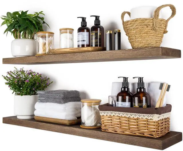 Main image of BGMG 36 inch Walnut Floating Shelves for Wall Set of 2, Solid Real Wood Rustic Mount Shelves for Living Room Bedroom Kitchen Farmhouse with Sturdy Hidden Bracket-36x 6.7 x1.25 inch