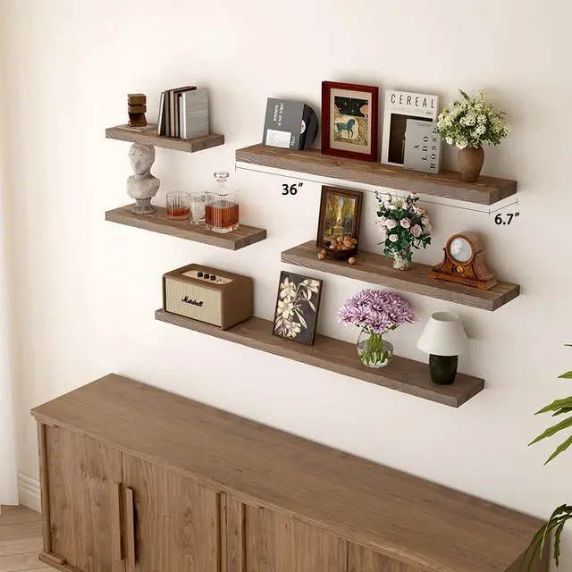 Alt view image 2 of 7 - BGMG 36 inch Walnut Floating Shelves for Wall Set of 2, Solid Real Wood Rustic Mount Shelves for Living Room Bedroom Kitchen Farmhouse with Sturdy Hidden Bracket-36x 6.7 x1.25 inch