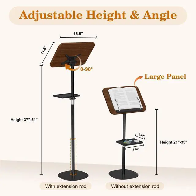 Alt view image 5 of 7 - Snughome Floor Book Stand with Removable Tray, Wood Standing Book Stand for Reading, Height Adjustment 21"-51", Music Stand Cookbook Stand Textbook Stand Laptop Stand Book Holder for Display