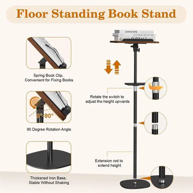 Alt view image 6 of 7 - Snughome Floor Book Stand with Removable Tray, Wood Standing Book Stand for Reading, Height Adjustment 21"-51", Music Stand Cookbook Stand Textbook Stand Laptop Stand Book Holder for Display