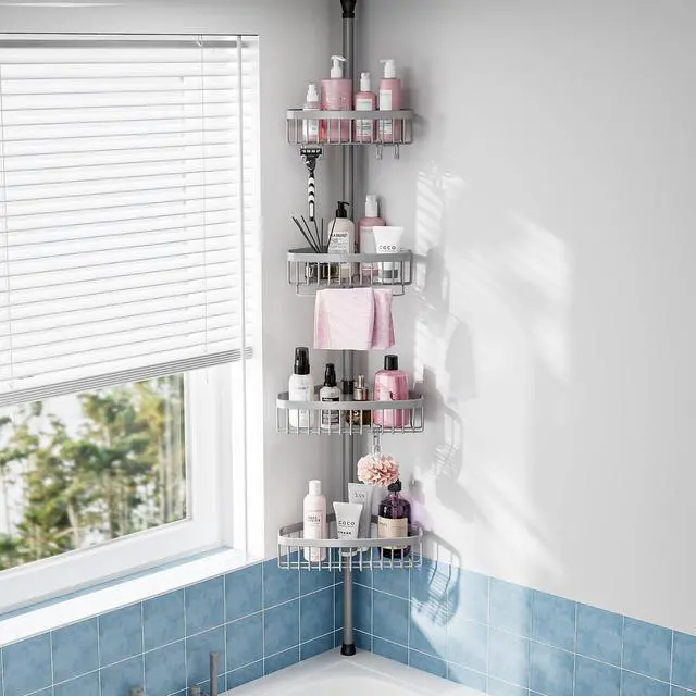 Main image of Corner Shower Caddy Tension Pole: Stainless Steel Rustproof 4-Tier Shower Organizer - 47-121 inch Adjustable Bathroom Shelves for Bathtub Shampoo Storage - Tension Rod Floor Standing Bath Rack