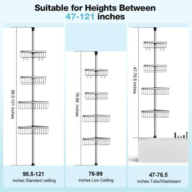Alt view image 2 of 7 - Corner Shower Caddy Tension Pole: Stainless Steel Rustproof 4-Tier Shower Organizer - 47-121 inch Adjustable Bathroom Shelves for Bathtub Shampoo Storage - Tension Rod Floor Standing Bath Rack