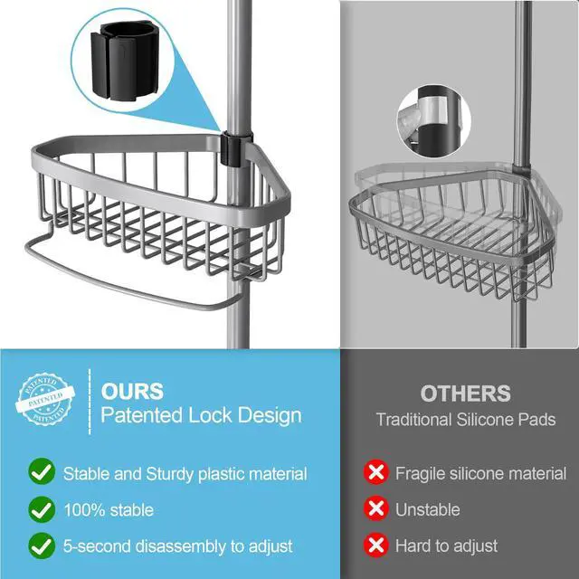 Alt view image 3 of 7 - Corner Shower Caddy Tension Pole: Stainless Steel Rustproof 4-Tier Shower Organizer - 47-121 inch Adjustable Bathroom Shelves for Bathtub Shampoo Storage - Tension Rod Floor Standing Bath Rack