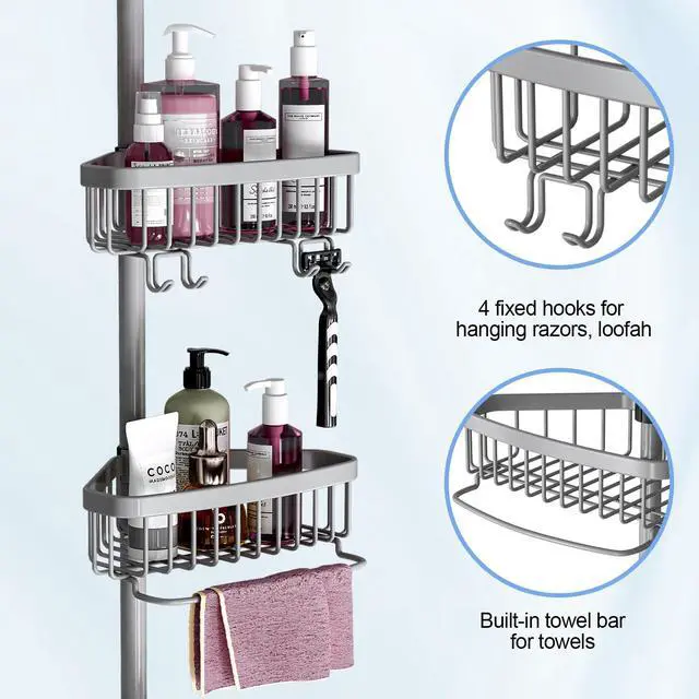 Alt view image 4 of 7 - Corner Shower Caddy Tension Pole: Stainless Steel Rustproof 4-Tier Shower Organizer - 47-121 inch Adjustable Bathroom Shelves for Bathtub Shampoo Storage - Tension Rod Floor Standing Bath Rack