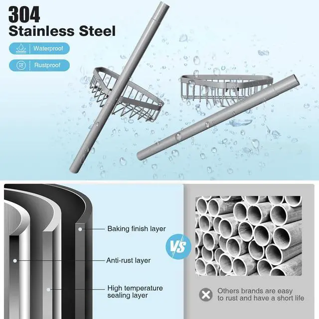 Alt view image 5 of 7 - Corner Shower Caddy Tension Pole: Stainless Steel Rustproof 4-Tier Shower Organizer - 47-121 inch Adjustable Bathroom Shelves for Bathtub Shampoo Storage - Tension Rod Floor Standing Bath Rack