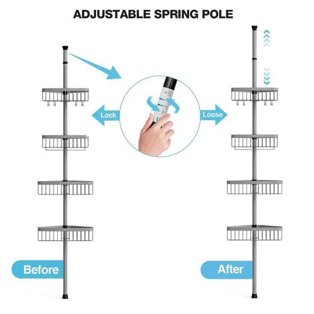 Alt view image 6 of 7 - Corner Shower Caddy Tension Pole: Stainless Steel Rustproof 4-Tier Shower Organizer - 47-121 inch Adjustable Bathroom Shelves for Bathtub Shampoo Storage - Tension Rod Floor Standing Bath Rack