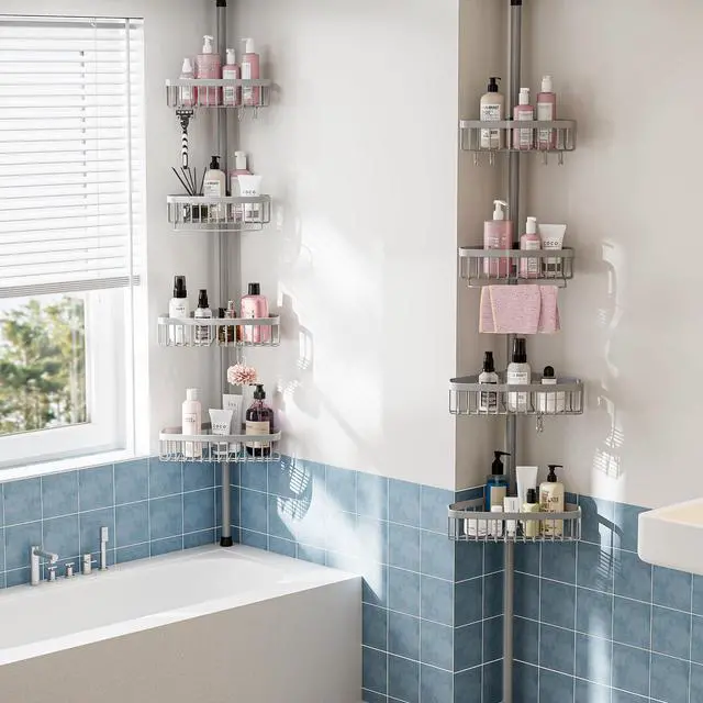 Alt view image 7 of 7 - Corner Shower Caddy Tension Pole: Stainless Steel Rustproof 4-Tier Shower Organizer - 47-121 inch Adjustable Bathroom Shelves for Bathtub Shampoo Storage - Tension Rod Floor Standing Bath Rack