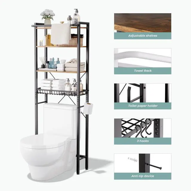 Alt view image 3 of 6 - GRUSIGN Over-The-Toilet Storage Shelf, 4-Tier Bathroom Organizer Shelf, Freestanding Space Saver Shelves Over Toilet with Adjustable Shelf for Bathroom, Brown