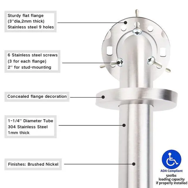 Alt view image 2 of 7 - Stainless Steel Bathroom Safety Shower Grab Bar, Anti Slip Bathtubs Grab Bars,Toilet Assist Saft Handle Handrail ADA Compliant 500lbs for Handicap Elderly Senior (Brushed, 12 Inches 2 Pack)