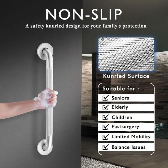 Alt view image 2 of 7 - Raemnaky Grab Bars for Bathtubs and Showers, 304 Stainless Steel Handicap Grab Bar, Anti Slip Bathroom Handrail with Knurled Surface, Holds up to 500 LBS Safety Shower Handle (12 Inches 2 Pack)