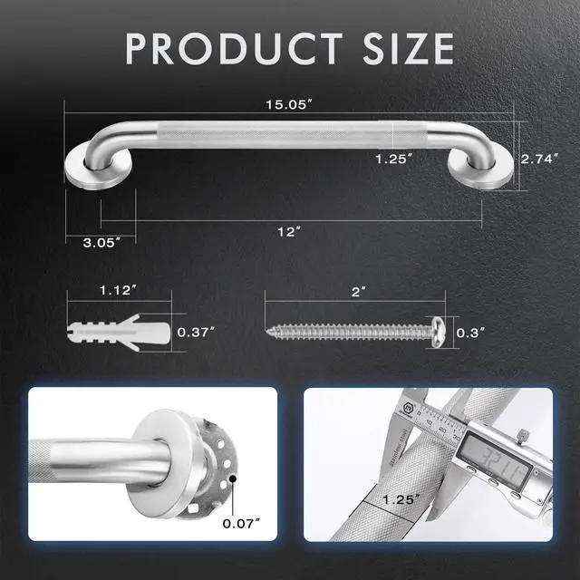 Alt view image 5 of 7 - Raemnaky Grab Bars for Bathtubs and Showers, 304 Stainless Steel Handicap Grab Bar, Anti Slip Bathroom Handrail with Knurled Surface, Holds up to 500 LBS Safety Shower Handle (12 Inches 2 Pack)