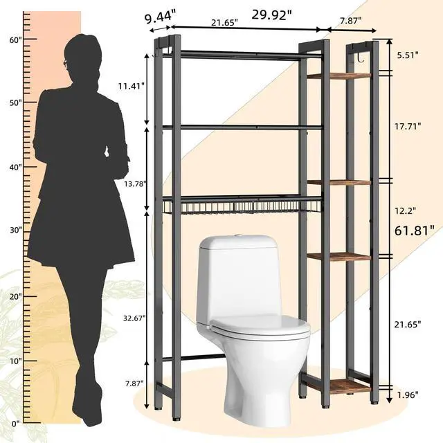 Alt view image 2 of 7 - NEHAJUNXI Over The Toilet Storage with Side Rack, 7-Tier Bathroom Organizer with Adjustable Shelf & Drain Basket & 4 Hooks, Freestanding Space Saver for Balcony, Laundry (Vintage Brown)