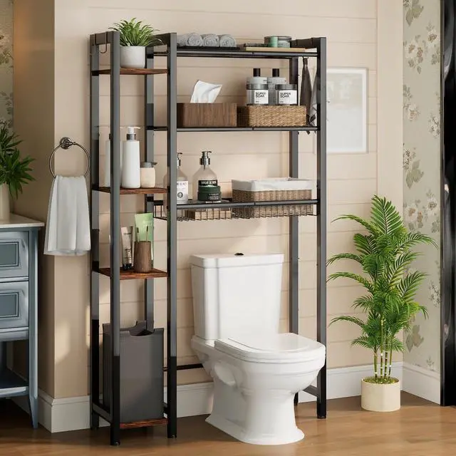 Main image of NEHAJUNXI Over The Toilet Storage with Side Rack, 7-Tier Bathroom Organizer with Adjustable Shelf & Drain Basket & 4 Hooks, Freestanding Space Saver for Balcony, Laundry (Vintage Brown)