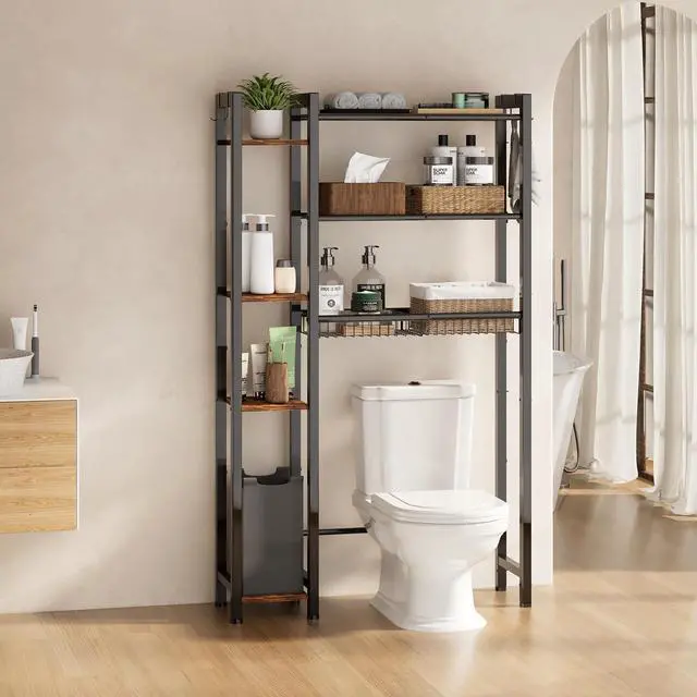 Alt view image 3 of 7 - NEHAJUNXI Over The Toilet Storage with Side Rack, 7-Tier Bathroom Organizer with Adjustable Shelf & Drain Basket & 4 Hooks, Freestanding Space Saver for Balcony, Laundry (Vintage Brown)