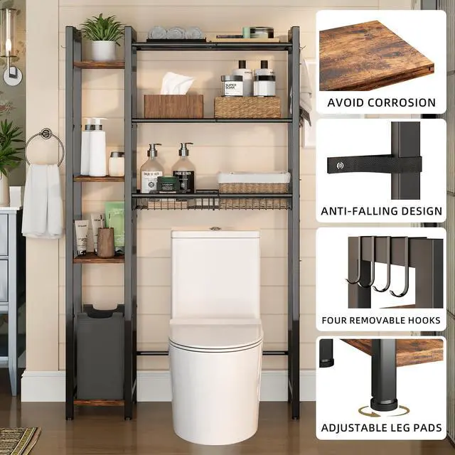 Alt view image 4 of 7 - NEHAJUNXI Over The Toilet Storage with Side Rack, 7-Tier Bathroom Organizer with Adjustable Shelf & Drain Basket & 4 Hooks, Freestanding Space Saver for Balcony, Laundry (Vintage Brown)