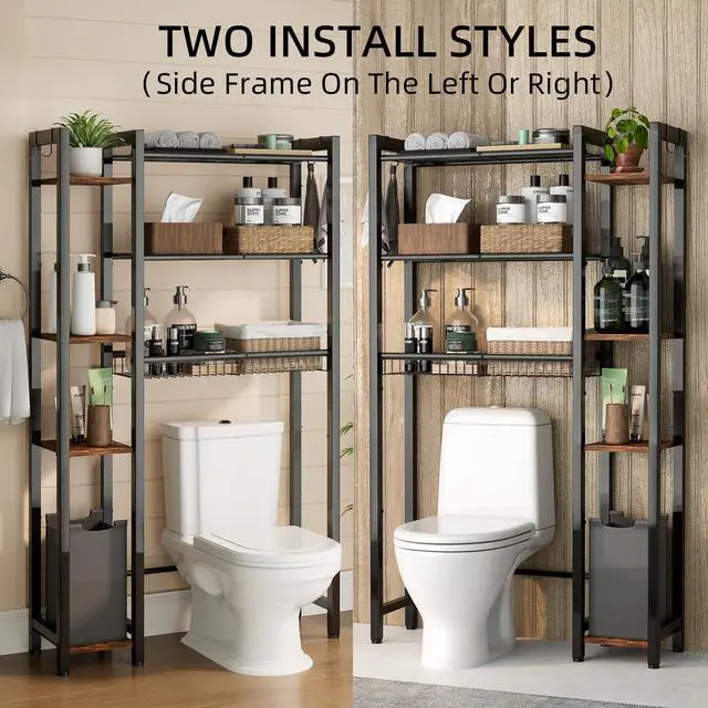 Alt view image 5 of 7 - NEHAJUNXI Over The Toilet Storage with Side Rack, 7-Tier Bathroom Organizer with Adjustable Shelf & Drain Basket & 4 Hooks, Freestanding Space Saver for Balcony, Laundry (Vintage Brown)