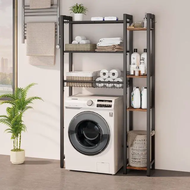 Alt view image 7 of 7 - NEHAJUNXI Over The Toilet Storage with Side Rack, 7-Tier Bathroom Organizer with Adjustable Shelf & Drain Basket & 4 Hooks, Freestanding Space Saver for Balcony, Laundry (Vintage Brown)