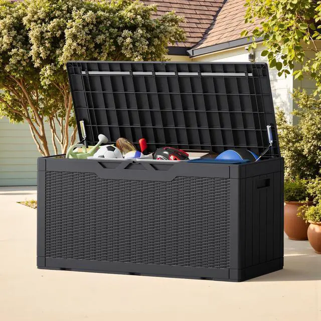 Alt view image 3 of 7 - Greesum Outdoor Storage Box 100 Gallon Storage Bin with Lid for Patio Furniture, Garden Tools, Pool Supplies, Lockable, Waterproof and UV Resistant, Black