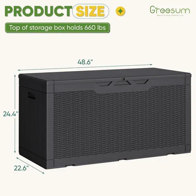 Alt view image 7 of 7 - Greesum Outdoor Storage Box 100 Gallon Storage Bin with Lid for Patio Furniture, Garden Tools, Pool Supplies, Lockable, Waterproof and UV Resistant, Black