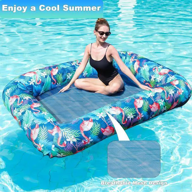 Alt view image 3 of 6 - FindUWill Oversized Pool Float Lounger for Adults - 72"x49" Extra Large Heavy Duty Pool Floats, Soft Fabric Covered Pool Rafts for Backyard, Lake & Beach (Flamingo)