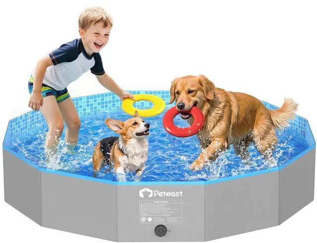 Main image of Peteast Foldable Dog Pool with Sturdy Round Design, Extra Large Portable Pet Bathtub, Durable 64" Diameter Portable Design for Backyard & Indoor Use (Includes 2 Flying Disks)