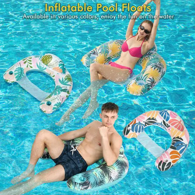 Alt view image 3 of 7 - 4 Pack Pool Floats Adult,OKSUWATER Pool Floaties for Adults with Two Cup Holders Inflatable Pool Floats Chairs, Lake Floats for Adults Applies to Water Play Party
