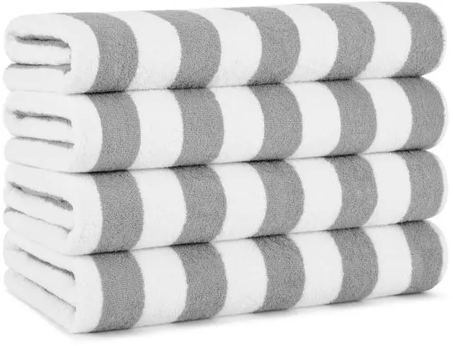 Main image of Arkwright California Cabana Stripe Beach Towel - Pack of 4, Large Soft Quick Dry 100% Cotton Terry Towels Set for Pool, Swim, and Hot Tub, Oversized 30 x 70 in, Grey