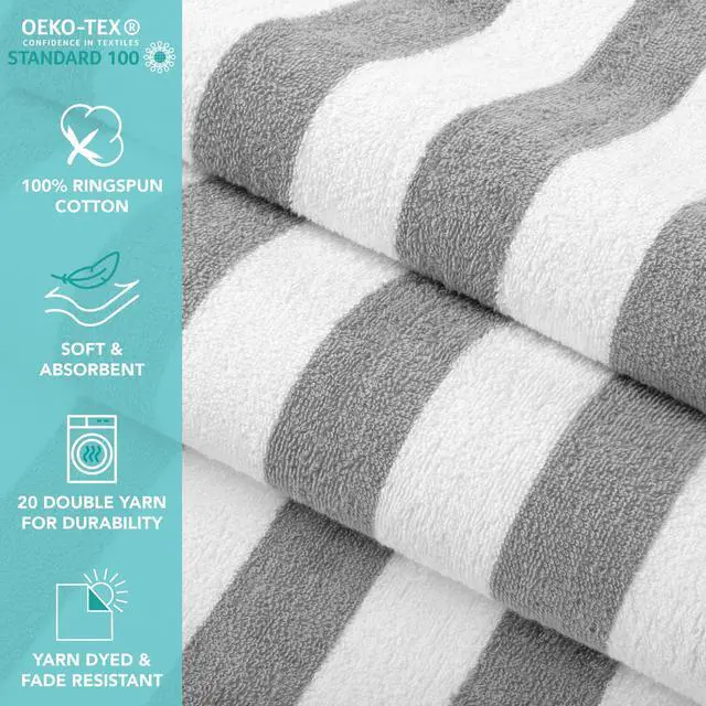 Alt view image 4 of 7 - Arkwright California Cabana Stripe Beach Towel - Pack of 4, Large Soft Quick Dry 100% Cotton Terry Towels Set for Pool, Swim, and Hot Tub, Oversized 30 x 70 in, Grey
