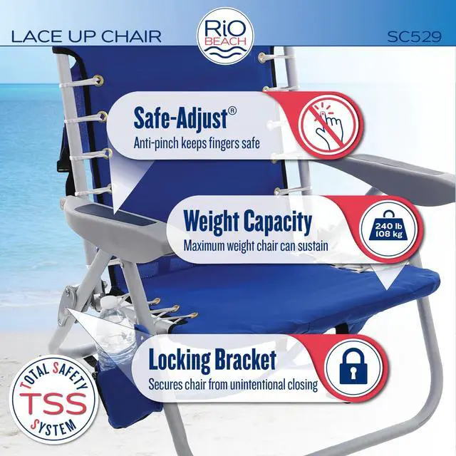 Alt view image 3 of 7 - Rio Brands ASC529-1801-1 4-Position Backpack Lace-Up Suspension Folding Beach Chair 25.5" x 26.5" x 44.7" Multi Color