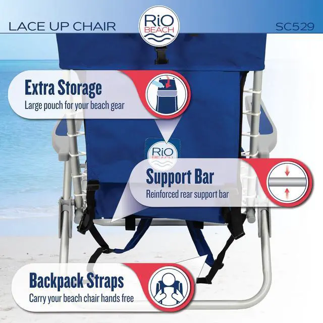 Alt view image 7 of 7 - Rio Brands ASC529-1801-1 4-Position Backpack Lace-Up Suspension Folding Beach Chair 25.5" x 26.5" x 44.7" Multi Color