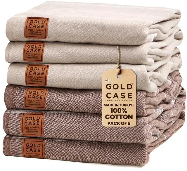 Main image of Gold CASE LYCIA Turkish Beach Towel Set of 6 100% Cotton Turkish Beach Towels Bulk 70 x 38'' LYCIA Oversized, Quick Dry & Sand Free Beach Towel Lightweight Towels Set in Mocha Mousse
